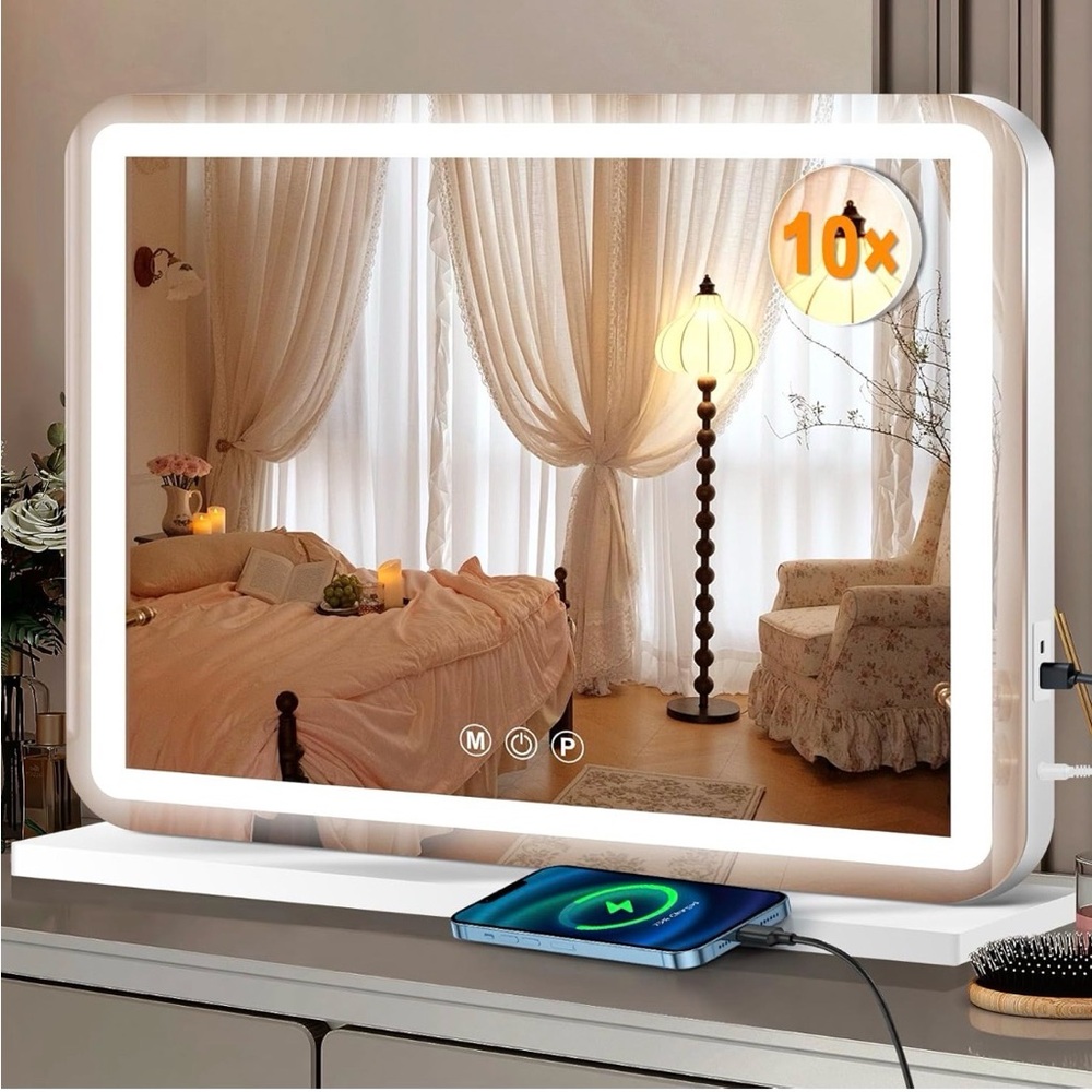 LED Lighted Vanity Mirror with 10x Magnification - White 23x18